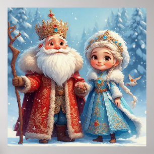 Santa Claus and Snow Maiden Celebrating Christmas Poster