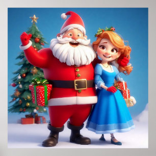 Santa Claus and Snow Maiden Celebrating Christmas Poster