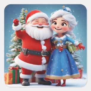 Santa Claus and Snow Maiden Celebrating Christmas Square Sticker