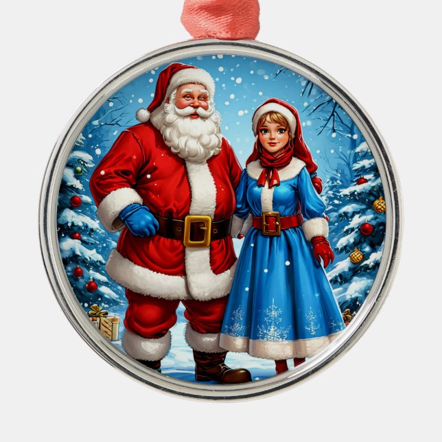 Santa Claus and Snow Maiden Metal Ornament (Front)