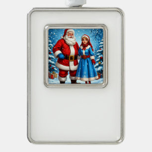 Santa Claus and Snow Maiden Silver Plated Framed Ornament