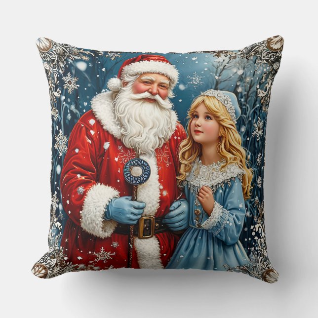Santa Claus and Snow Mainen in a Winter Wonderland Cushion (Front)
