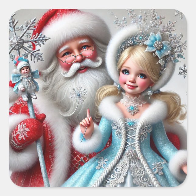 Santa Claus and Snow Mainen in a Winter Wonderland Square Sticker (Front)