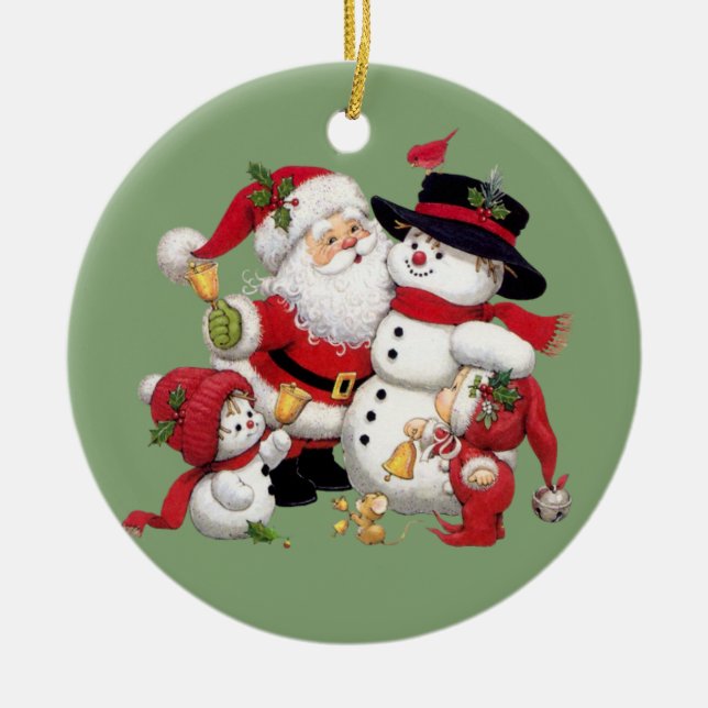 Santa Claus and Snowman background Ceramic Ornament (Front)