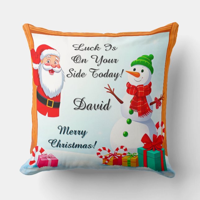 Santa Claus and Snowman Celebrate Christmas Cushion (Front)