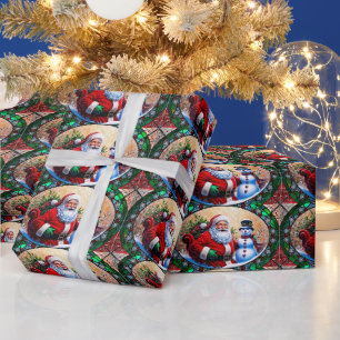 Santa Claus and Snowman Christmas Stained Glass Wrapping Paper