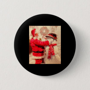 Santa Claus And Snowman In Snowfall  6 Cm Round Badge