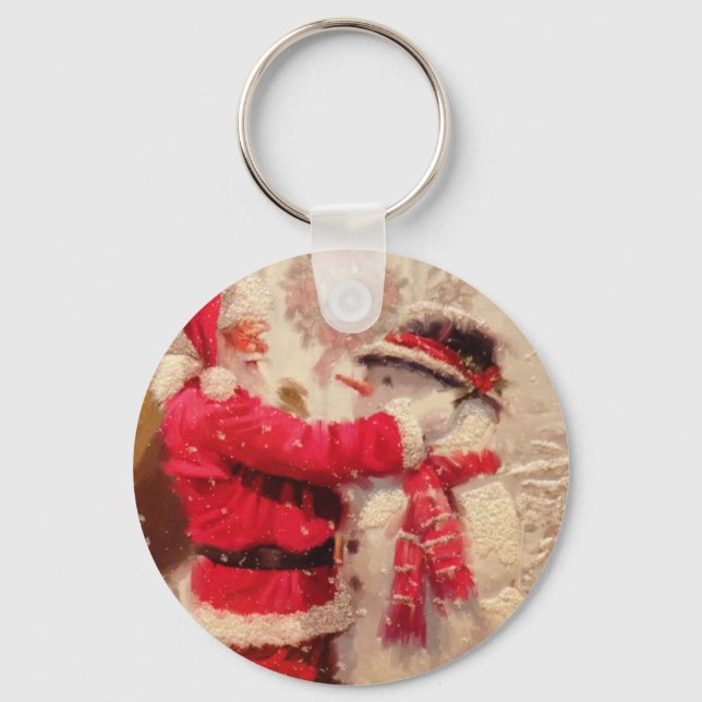 Santa claus and snowman in snowfall key ring (Front)