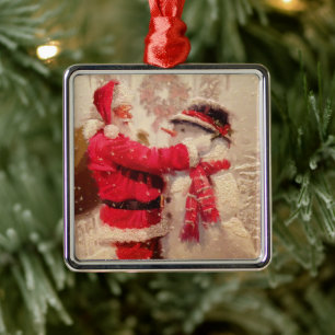 Santa claus and snowman in snowfall metal ornament