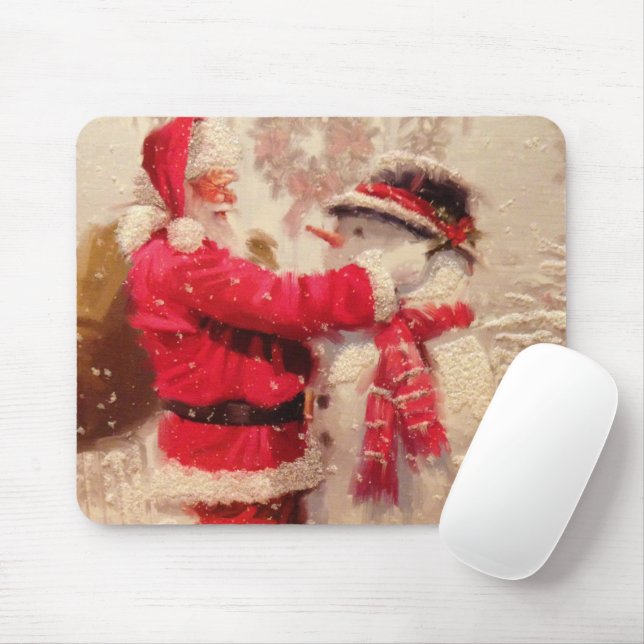 Santa claus and snowman in snowfall mouse pad (With Mouse)