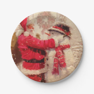 Santa claus and snowman in snowfall paper plate