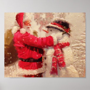 Santa claus and snowman in snowfall poster