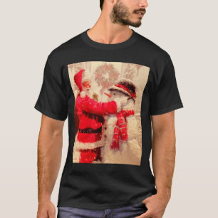 Santa Claus And Snowman In Snowfall T-Shirt