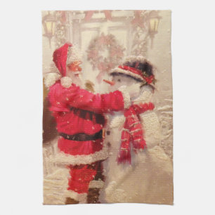 Santa claus and snowman in snowfall tea towel