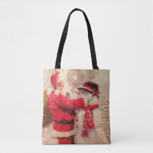 Santa claus and snowman in snowfall tote bag
