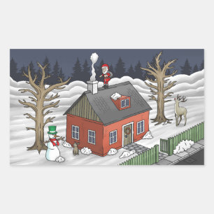 Santa Claus and the little red house Rectangular Sticker