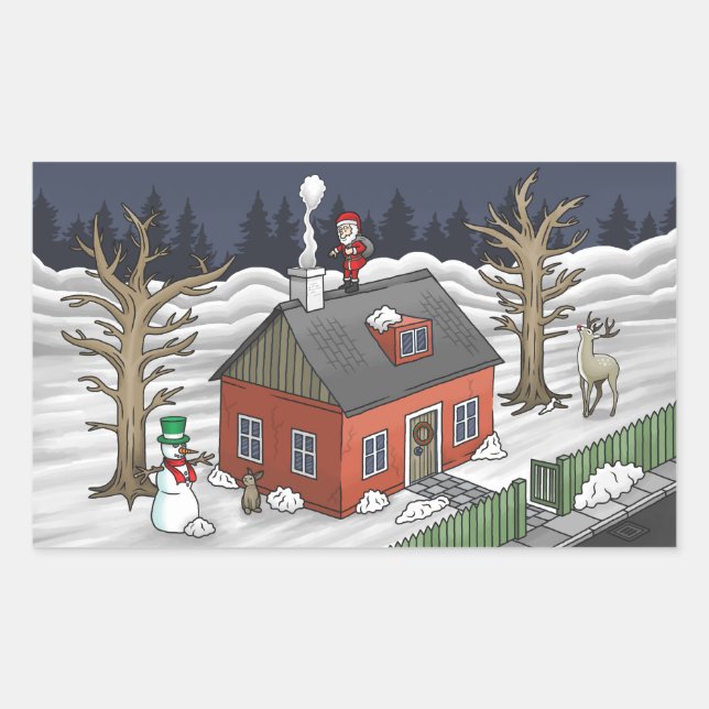 Santa Claus and the little red house  Rectangular Sticker (Front)