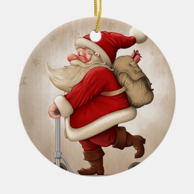 Santa Claus and the Push scooter Ceramic Ornament (Front)