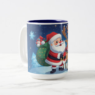 Santa Claus and the reindeer christmas Two-Tone Coffee Mug
