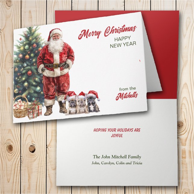 Santa Claus and Three French Bulldogs Christmas Holiday Card (Creator Uploaded)