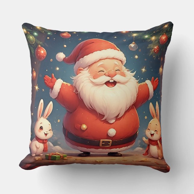 Santa Claus and Two Cheerful Rabbits Cushion (Front)