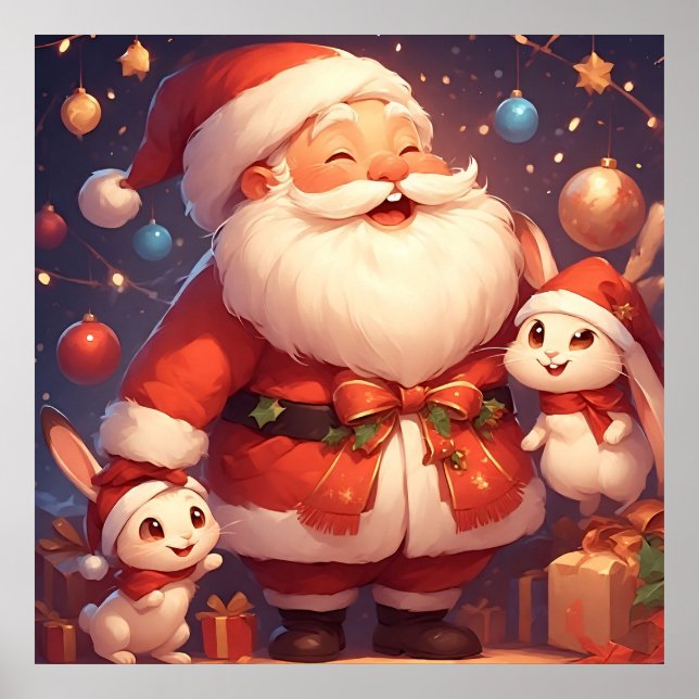 Santa Claus and Two Cheerful Rabbits Poster (Front)
