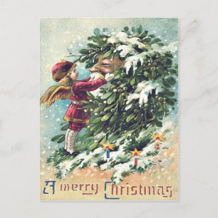 Santa Claus Angel Cherub Mistletoe Holiday Postcard