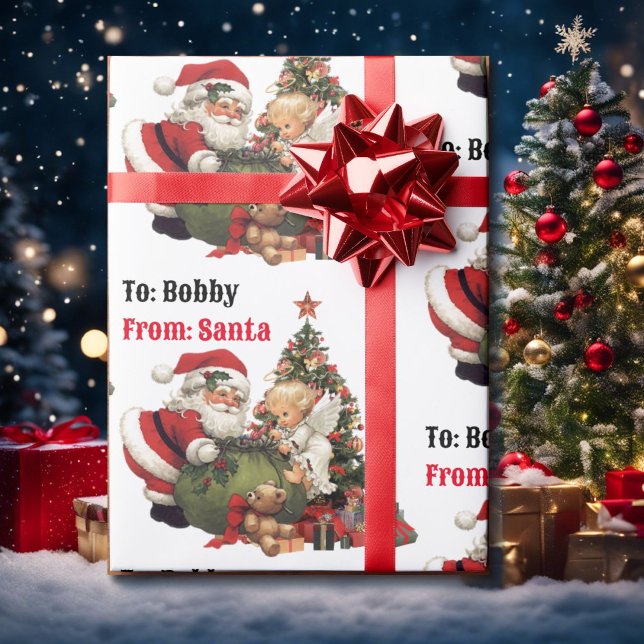 Santa Claus & Angel Personalise Name Christmas Wrapping Paper (Creator Uploaded)