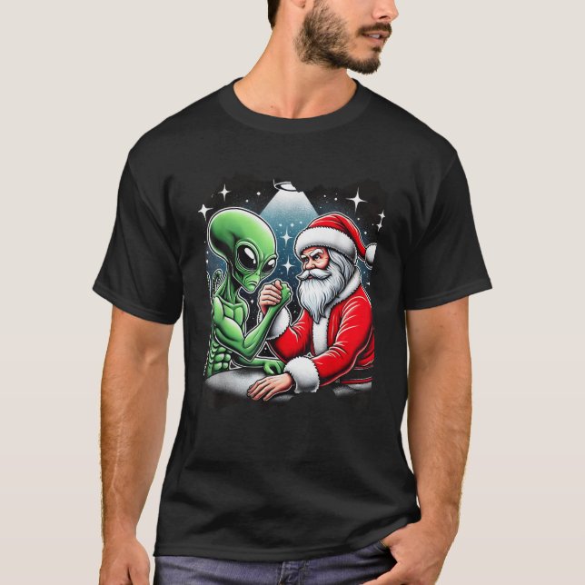 Santa Claus Arm Wrestling Alien UFO Christmas  T-Shirt (Front)