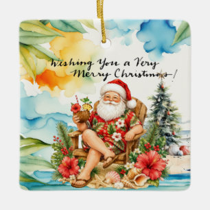 SANTA CLAUS at Hawaii Beach for Christmas Ceramic Ornament