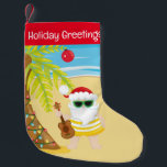 Santa Claus At The Beach Custom Christmas Stocking<br><div class="desc">Santa Claus sends "Holiday Greetings" from the beach. Santa is wearing his yellow and white striped swimsuit,  and green sunglasses. He's standing next to a palm tree with a ukulele.</div>