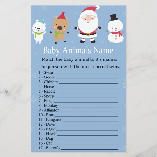 Santa Claus Baby Animals Name Game baby shower (Front)