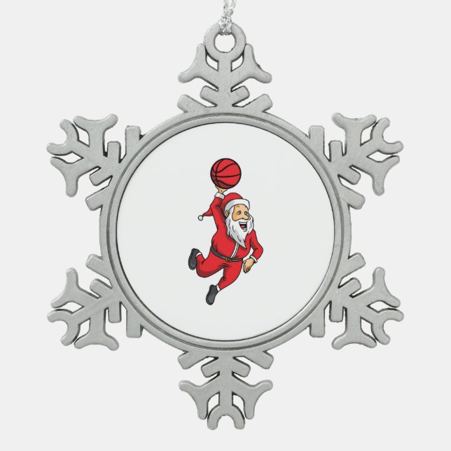 Santa Claus Basketball Basketballer Christmas Snowflake Pewter Christmas Ornament (Front)