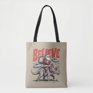 Santa Claus Believe Dinosaur Christmas Triceratops Tote Bag