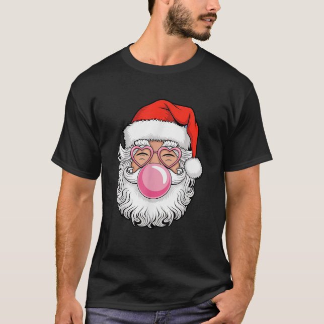 Santa Claus Blowing Bubble Gum Pink Sunglasses Chr T-Shirt (Front)