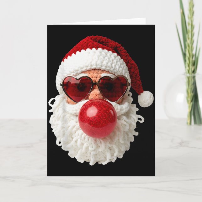 Santa Claus Blowing Yarn Crochet Bubble Gum Heart  Card (Front)
