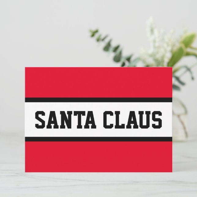 SANTA CLAUS Bold Sporty Red Black White Stripes Holiday Card (Standing Front)