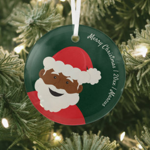 Santa Claus Brown Skin Name Year Merry Christmas Glass Tree Decoration