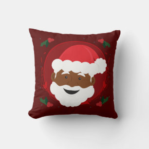 Santa Claus Brown Skin Red Holly Christmas Cushion