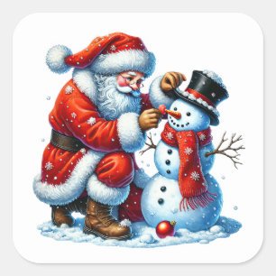 Santa Claus Builds a Snowman in Winter Wonderland Square Sticker