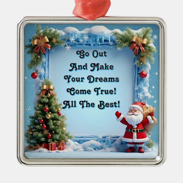 Santa Claus by a Festive Christmas Tree Metal Ornament (Front)