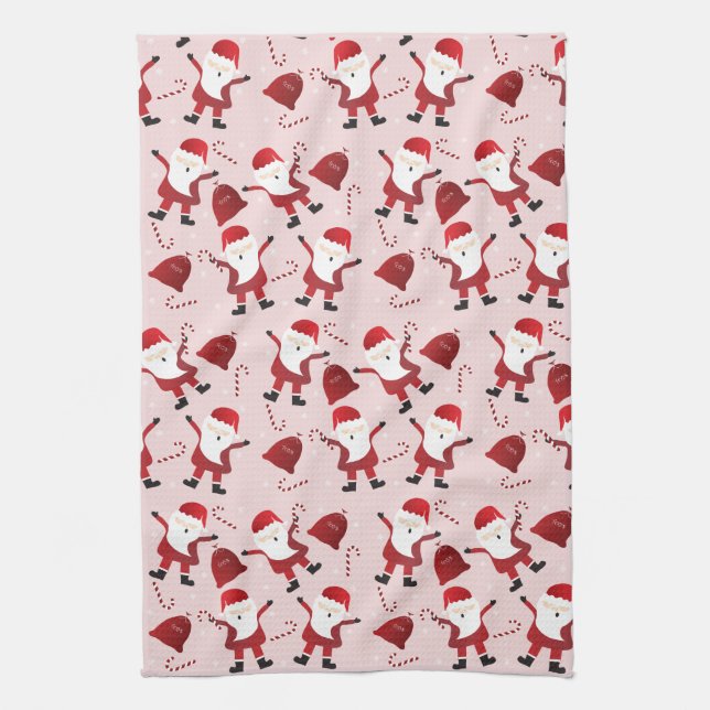 Santa Claus Candy Canes Snowflakes Pattern Red Tea Towel (Vertical)