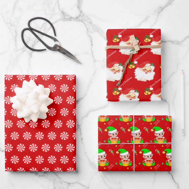 Santa Claus, Candy Mints, Christmas Elf on Red Wrapping Paper Sheet (Front)