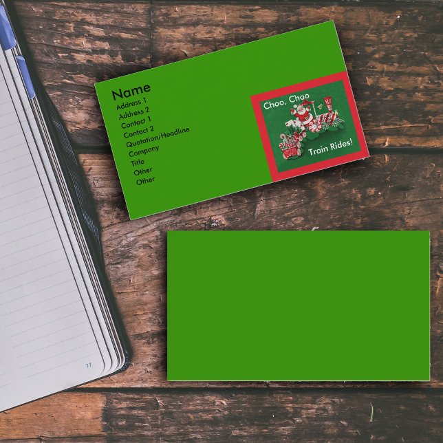 Santa Claus Candy Train Christmas Business Card (Santa Claus on red white Christmas train with letters candy on green business cards.)