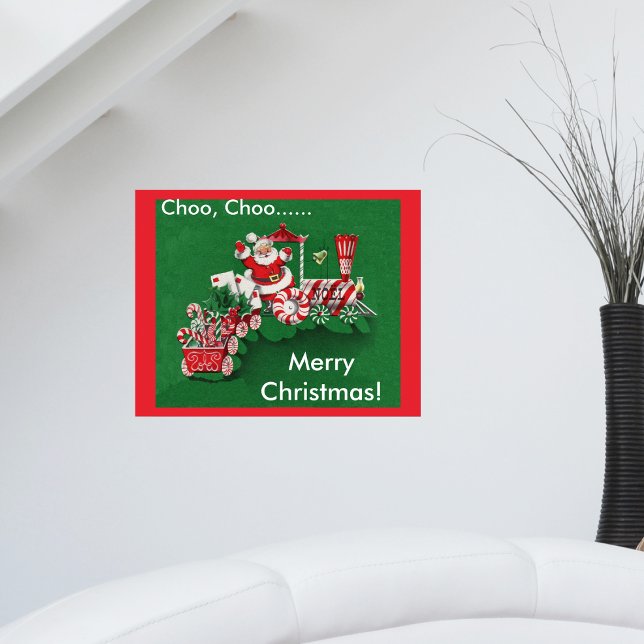 Santa Claus Candy Train Poster (Santa riding red white train with candy canes letters on red green Merry Christmas wall poster.)