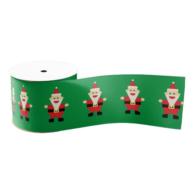 Santa Claus Cartoon Green Red Cute Fun Christmas Grosgrain Ribbon (Spool)