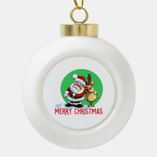 Santa Claus cartoon with reindeer Ceramic Ball Christmas Ornament