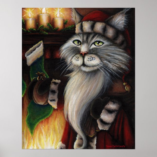 Santa Claus Cat Christmas Stocking Art Poster (Front)