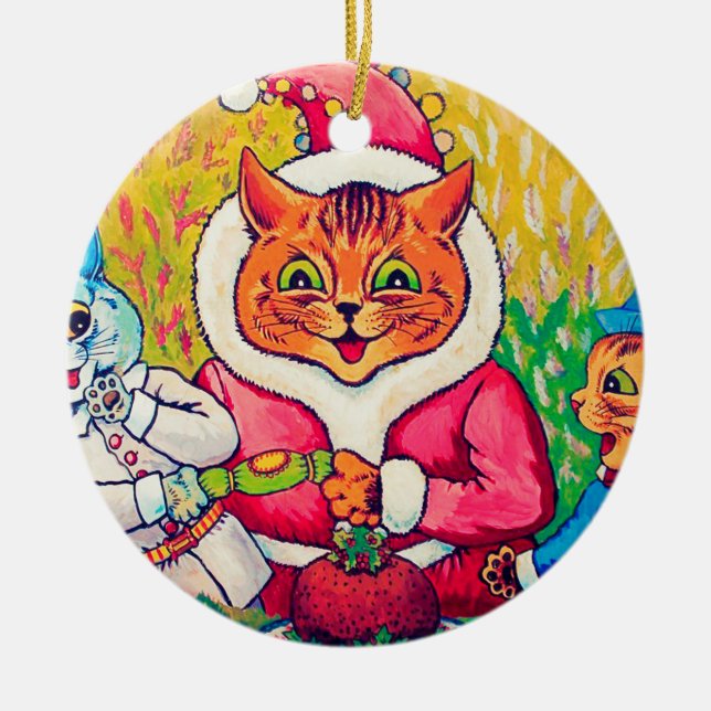 Santa Claus Cat, Louis Wain Ceramic Ornament (Front)