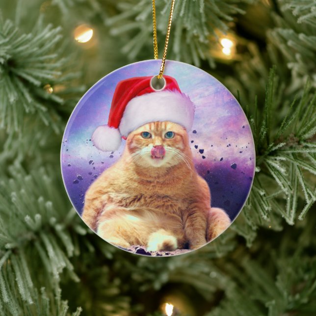Santa Claus Cat Moon Ceramic Ornament (Tree)